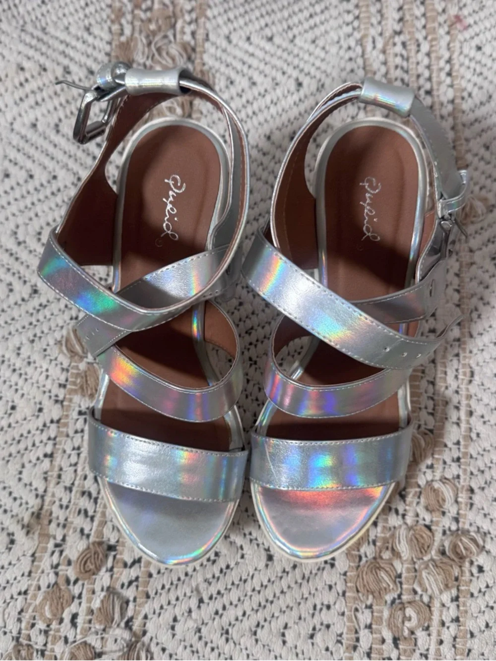 Qupid Holographic Silver White Chunky Platform Sandals Heels